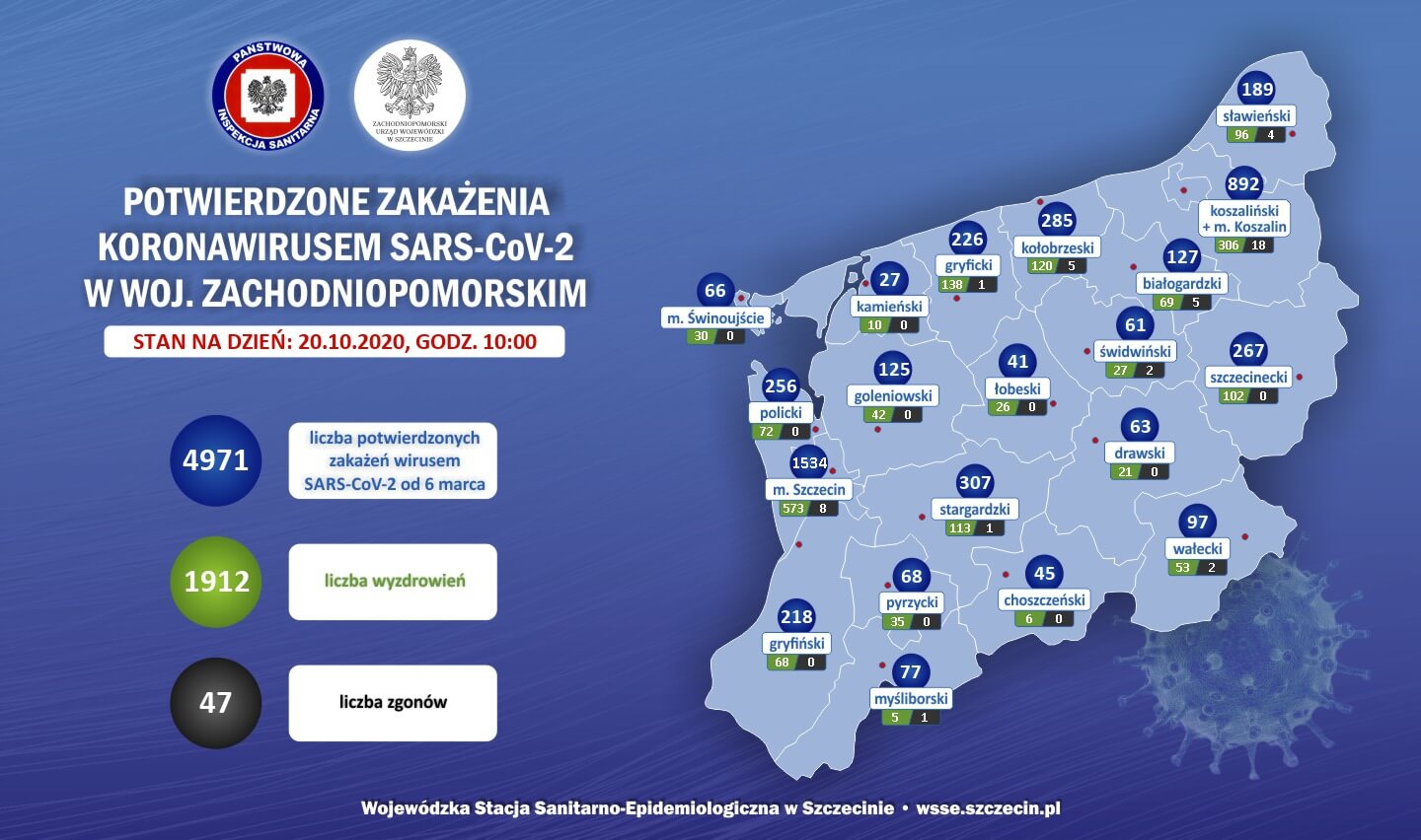 Zachodniopomorskie – mapa zakażeń coronawirusem 20.10.2020 godz. 10.00