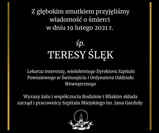 Z głębokim smutkiem Świnoujście. Żegnamy lek. med. Teresę Ślęk.