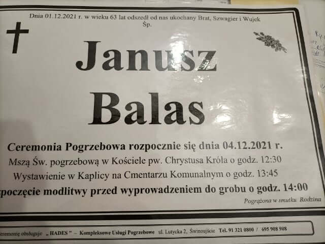 W dniu 01.12.2021 zmarł w wieku 63 lat Janusz Balas.