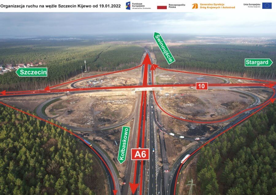 Na węźle Szczecin Kijewo jedziemy jedną jezdnią autostrady A6.
