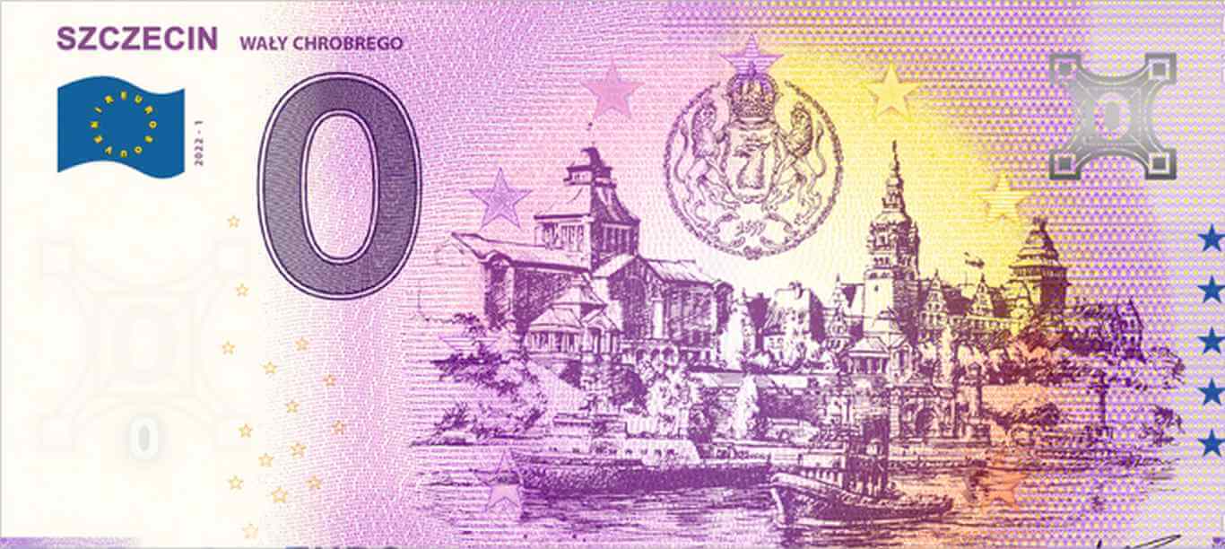 Banknot pamiątkowy 0 Euro z wizerunkiem Muzeum Narodowego w Szczecinie przy Wałach Chrobrego.