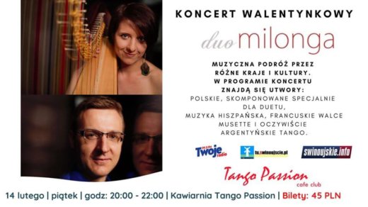 Świnoujście. Koncert Walentynkowy - Duo Milonga - Harfa, Akordeon w Kawiarni Tango Passion Cafe Club.