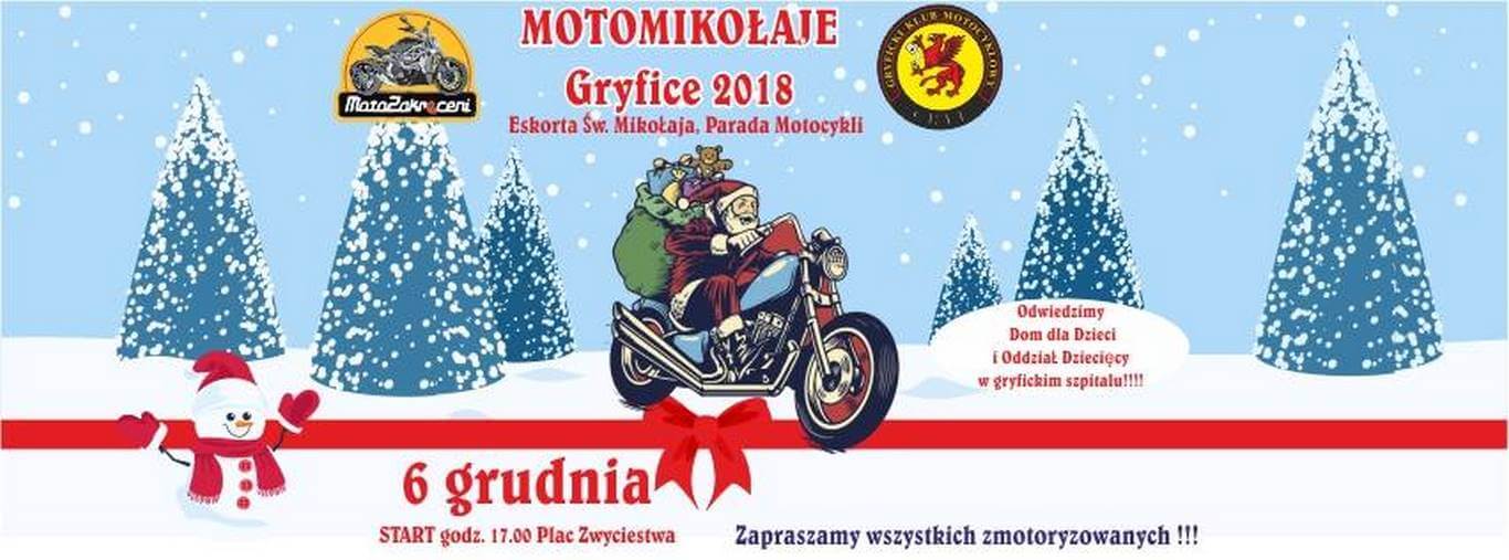 Motomikołaje Gryfice 2018 Eskorta Świętego Mikołaja. Parada Motocykli