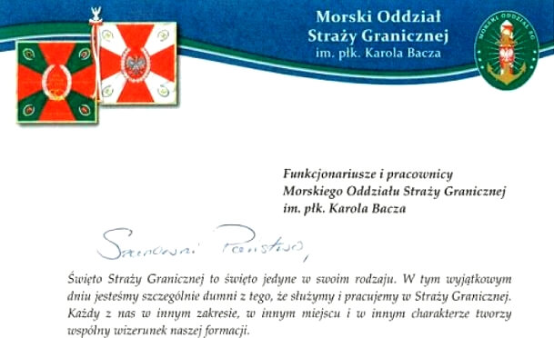 Życzenia Komendanta Morskiego Oddziału Straży Granicznej z okazji Święta Straży Granicznej.