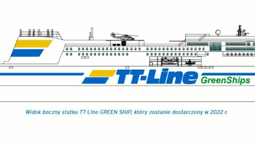 Pierwszy widok boczny statku TT-Line GREEN SHIP