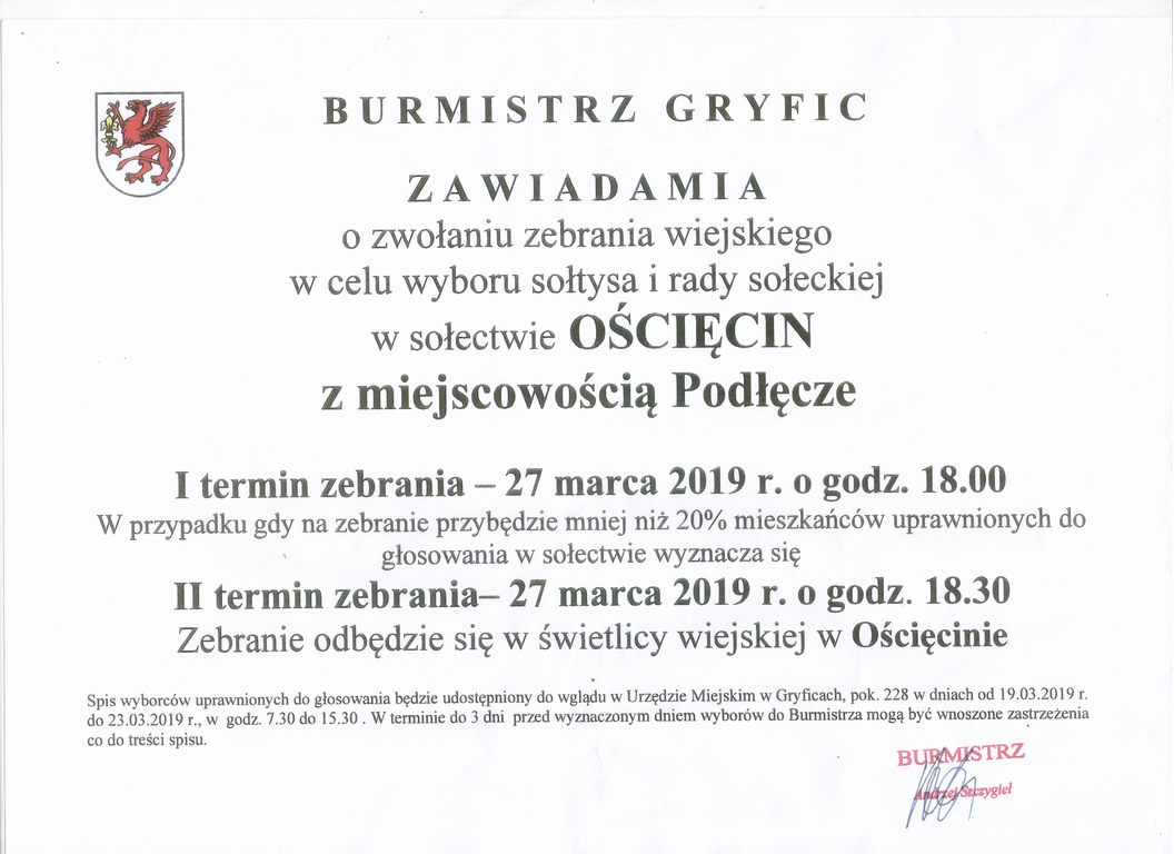 BURMISTRZ GRYFIC ZAWIADAMIA