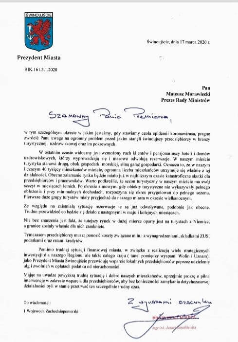 List Prezydenta Miasta Świnoujście ws. pomocy dla branży turystycznej i uzdrowiskowej w sytuacji epidemii.